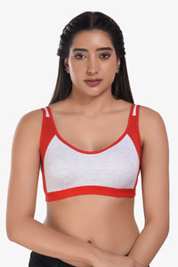 Supportz Non-Padded Non-Wired Full Cup Sports Bra in Grey Red - Cotton Rich