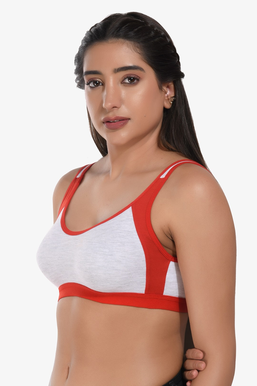 Supportz Non-Padded Non-Wired Full Cup Sports Bra in Grey Red - Cotton Rich