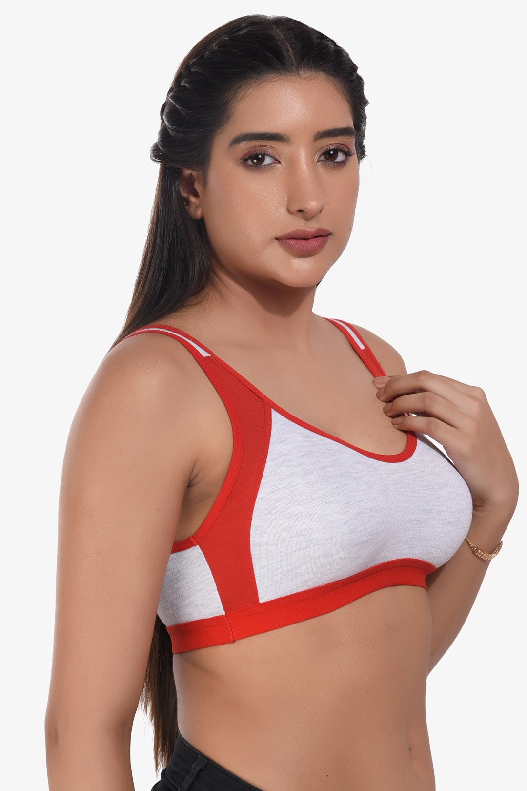 Supportz Non-Padded Non-Wired Full Cup Sports Bra in Grey Red - Cotton Rich