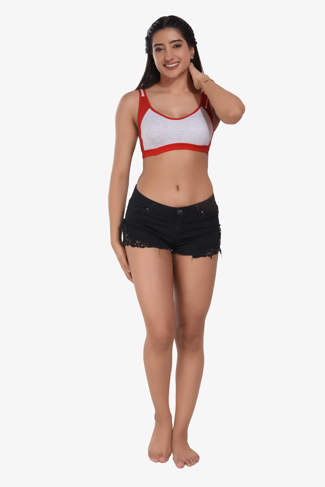 Supportz Non-Padded Non-Wired Full Cup Sports Bra in Grey Red - Cotton Rich