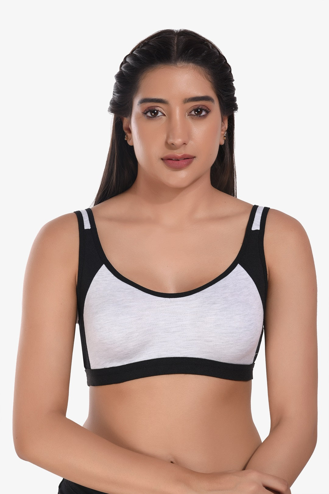 Supportz Non-Padded Non-Wired Full Cup Sports Bra in Grey Black- Cotton Rich