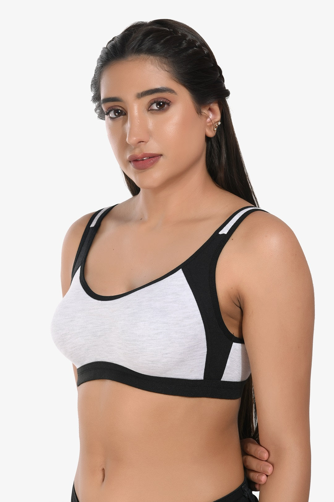 Supportz Non-Padded Non-Wired Full Cup Sports Bra in Grey Black- Cotton Rich