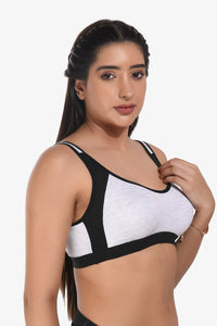 Supportz Non-Padded Non-Wired Full Cup Sports Bra in Grey Black- Cotton Rich