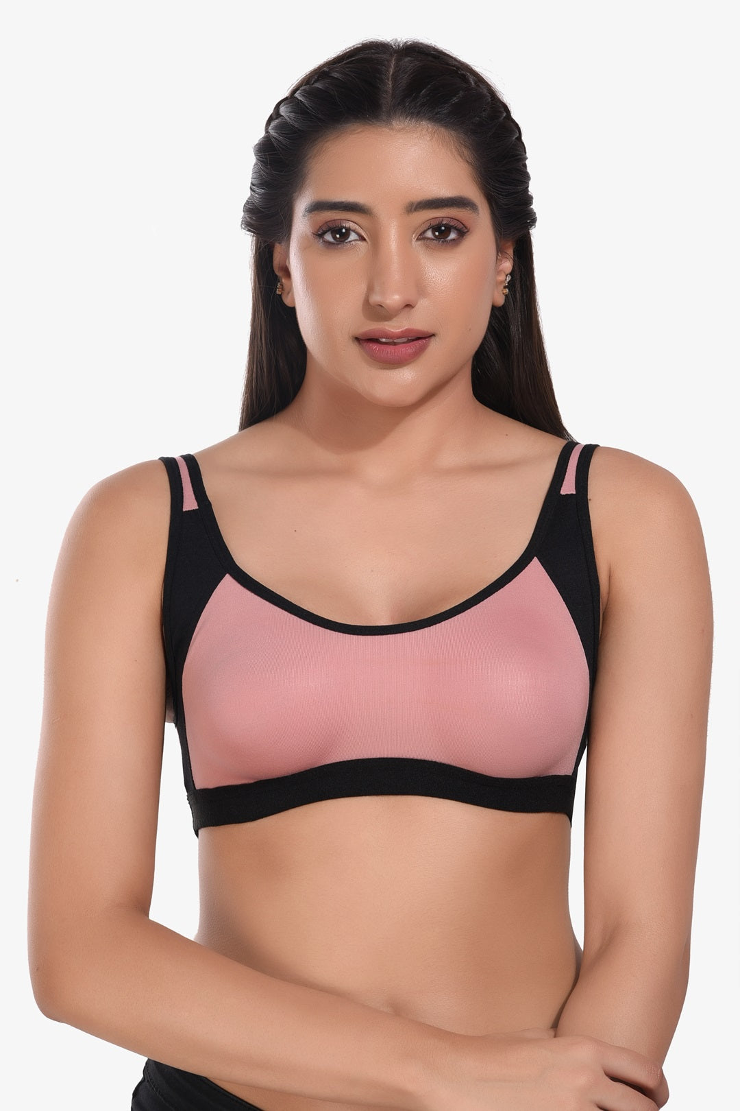 Supportz Non-Padded Non-Wired Full Cup Sports Bra in Pink Black- Cotton Rich