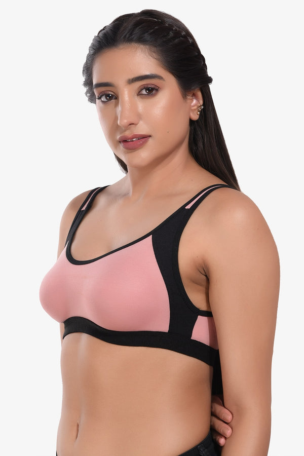 Supportz Non-Padded Non-Wired Full Cup Sports Bra in Pink Black- Cotton Rich