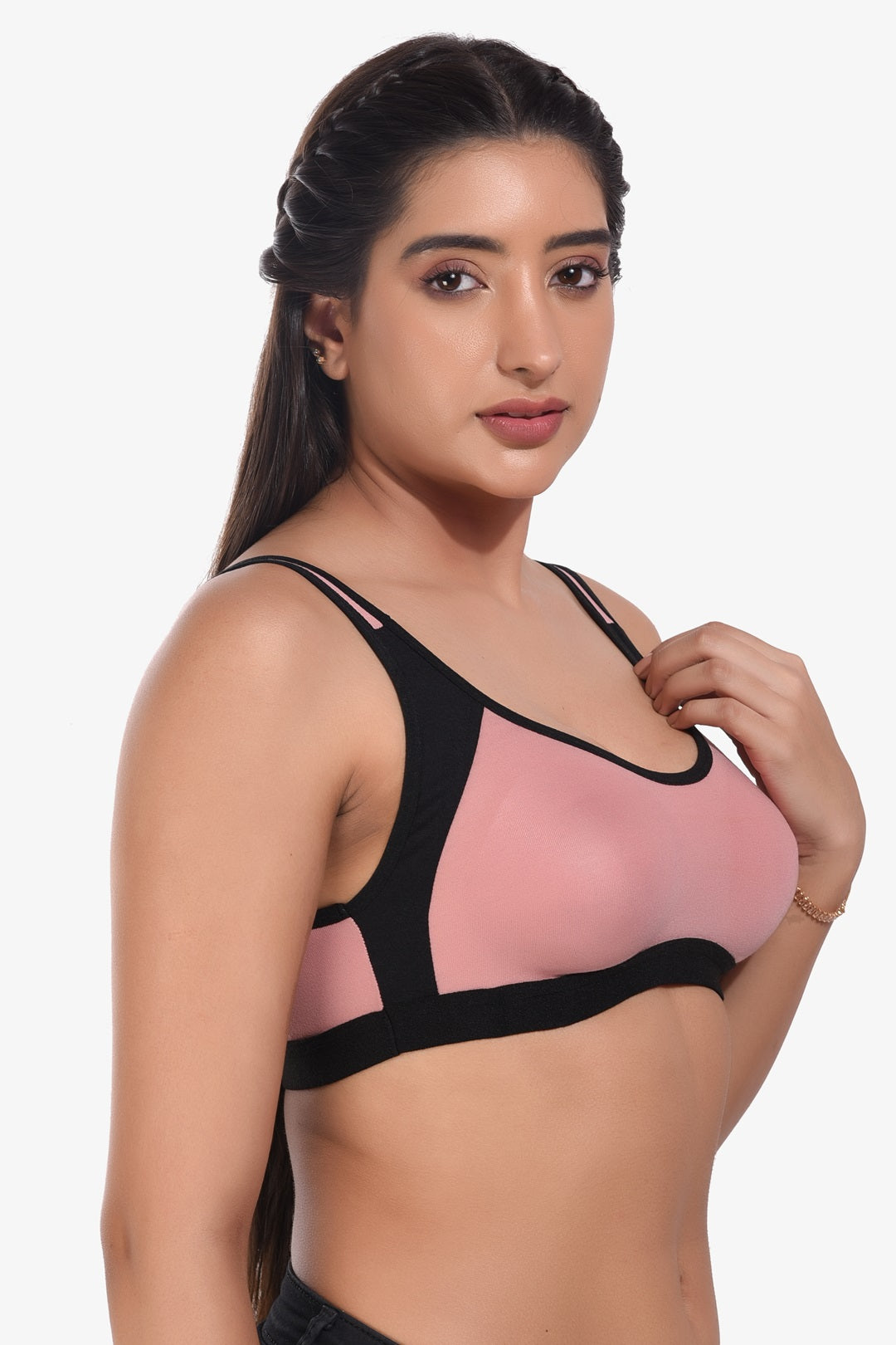 Supportz Non-Padded Non-Wired Full Cup Sports Bra in Pink Black- Cotton Rich