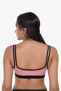 Supportz Non-Padded Non-Wired Full Cup Sports Bra in Pink Black- Cotton Rich