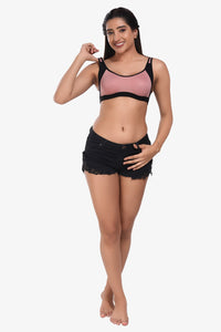 Supportz Non-Padded Non-Wired Full Cup Sports Bra in Pink Black- Cotton Rich