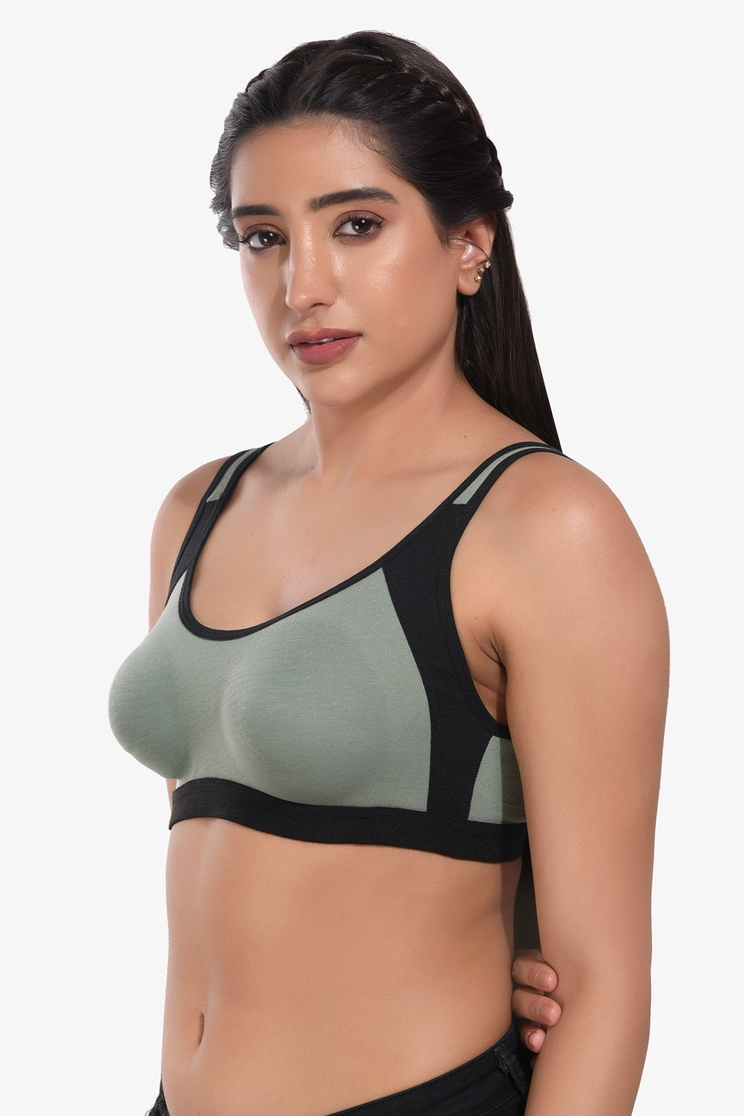 Supportz Non-Padded Non-Wired Full Cup Sports Bra in Green Black- Cotton Rich