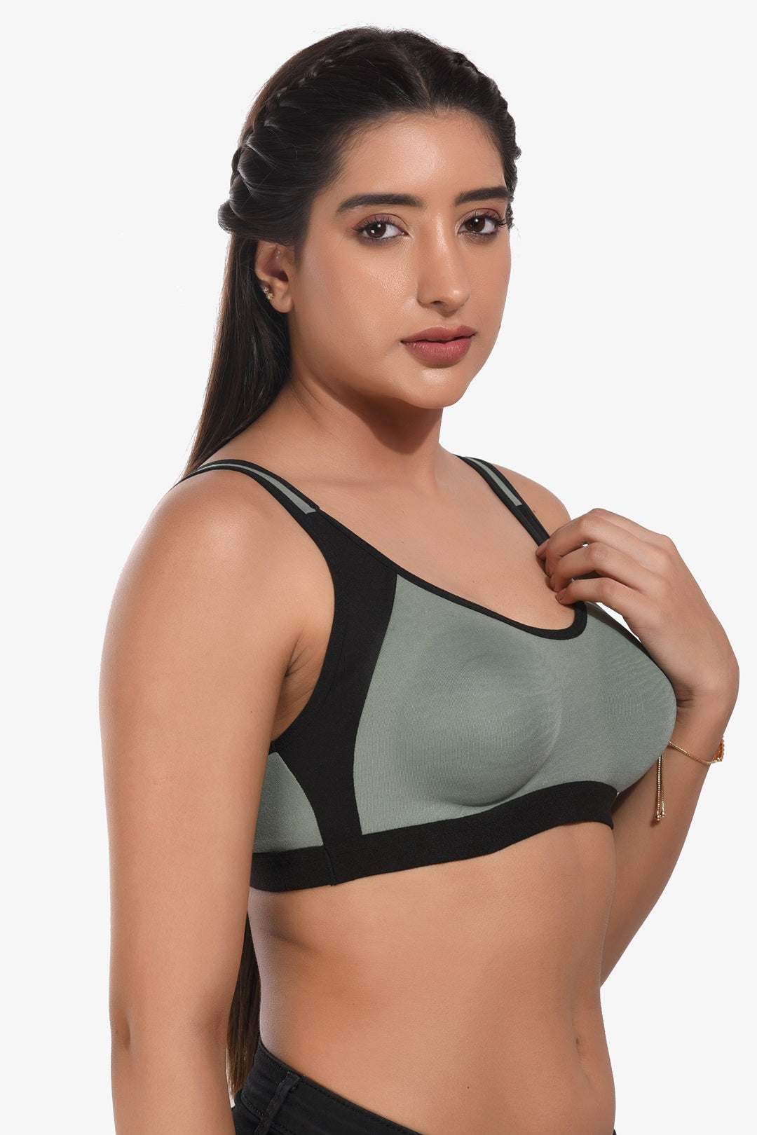 Supportz Non-Padded Non-Wired Full Cup Sports Bra in Green Black- Cotton Rich