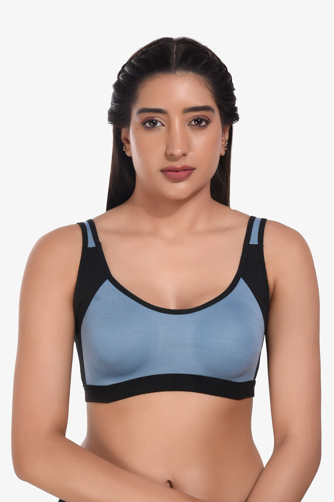 Supportz Non-Padded Non-Wired Full Cup Sports Bra in Blue Yonder Black- Cotton Rich