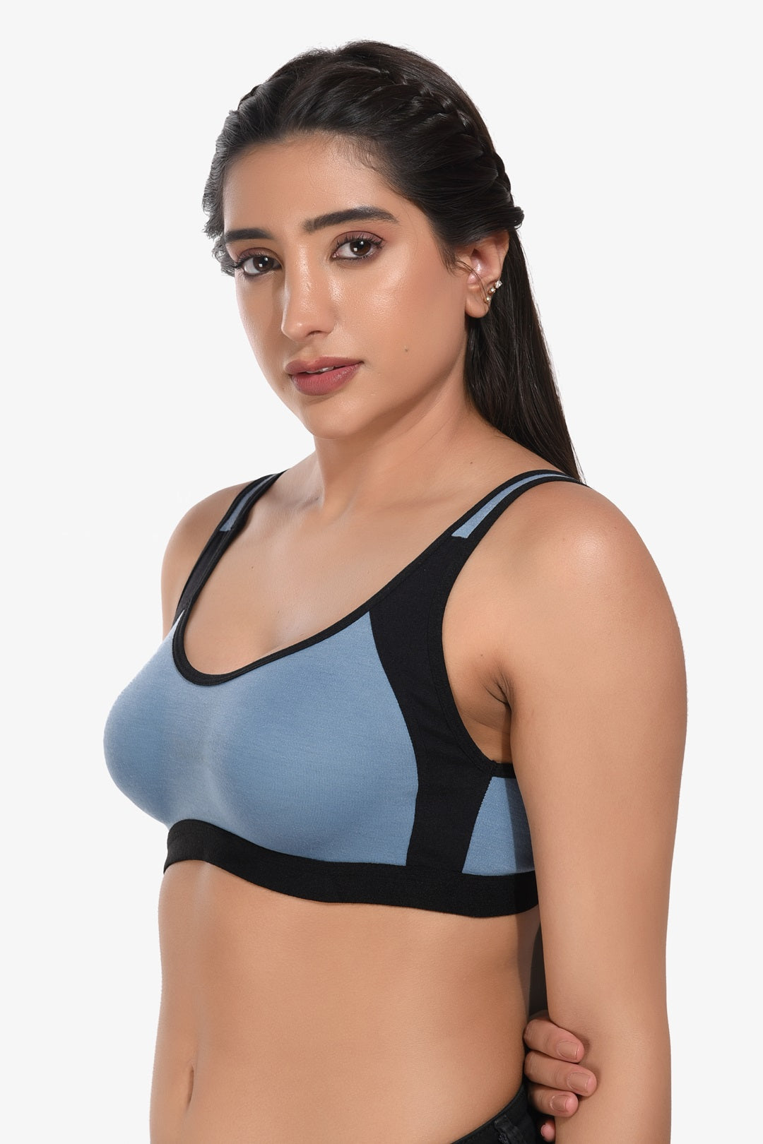 Supportz Non-Padded Non-Wired Full Cup Sports Bra in Blue Yonder Black- Cotton Rich