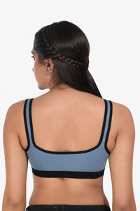 Supportz Non-Padded Non-Wired Full Cup Sports Bra in Blue Yonder Black- Cotton Rich