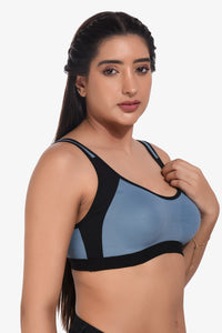 Supportz Non-Padded Non-Wired Full Cup Sports Bra in Blue Yonder Black- Cotton Rich