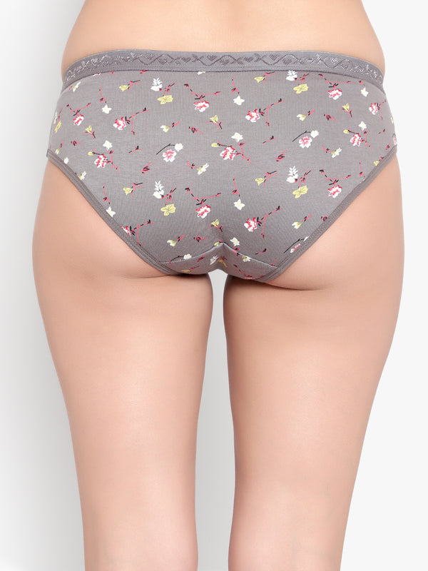 Bruchi Club Women Grey Floral Printed Cotton Low Waist Hipster Panty