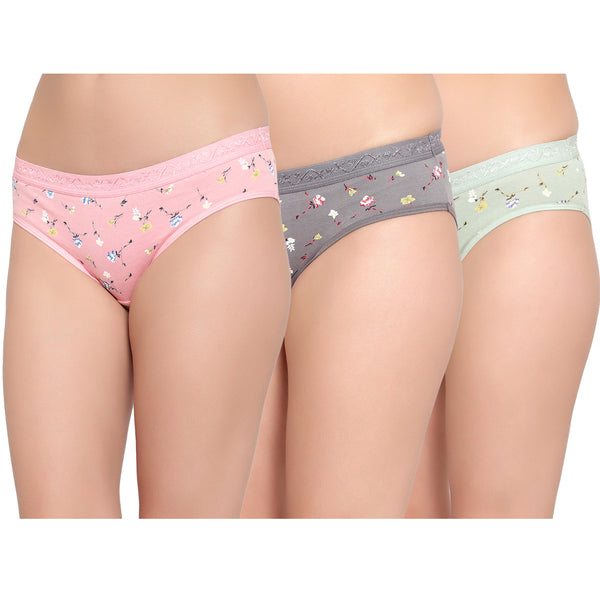 Bruchi Club Women Pack of 3 Multicoloured Floral Printed Cotton Low Waist Bikini Panty